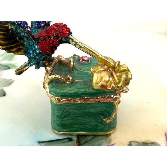 Vintage 90s Rhinestone Encrusted Hummingbird Ring Box Green Enamel - Picture 8 of 14